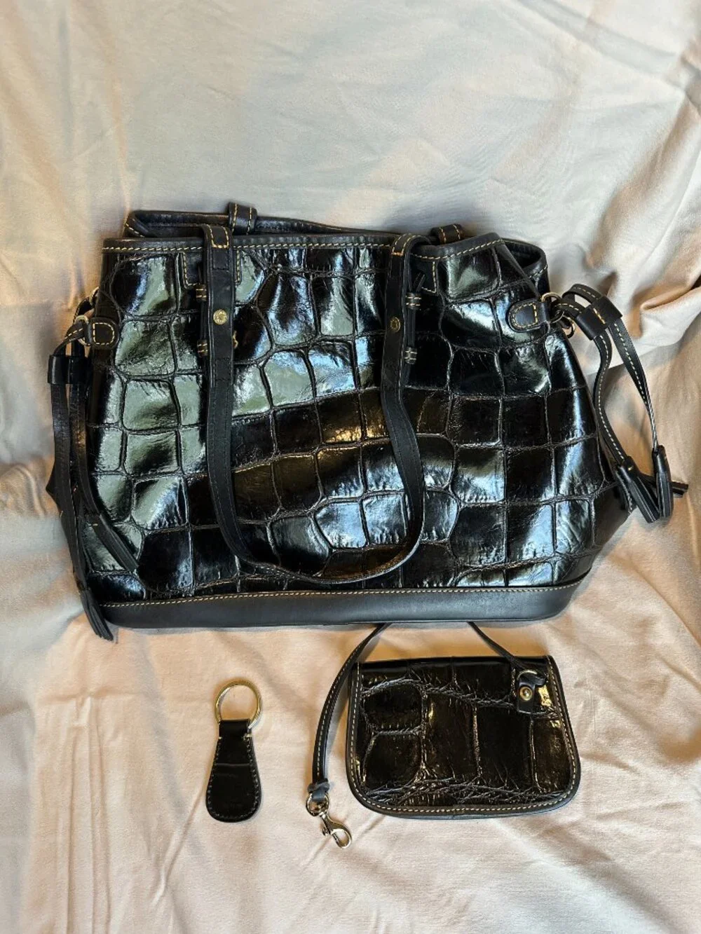 Dooney & Bourke Croco Black Leather Satchel with Coin Purse